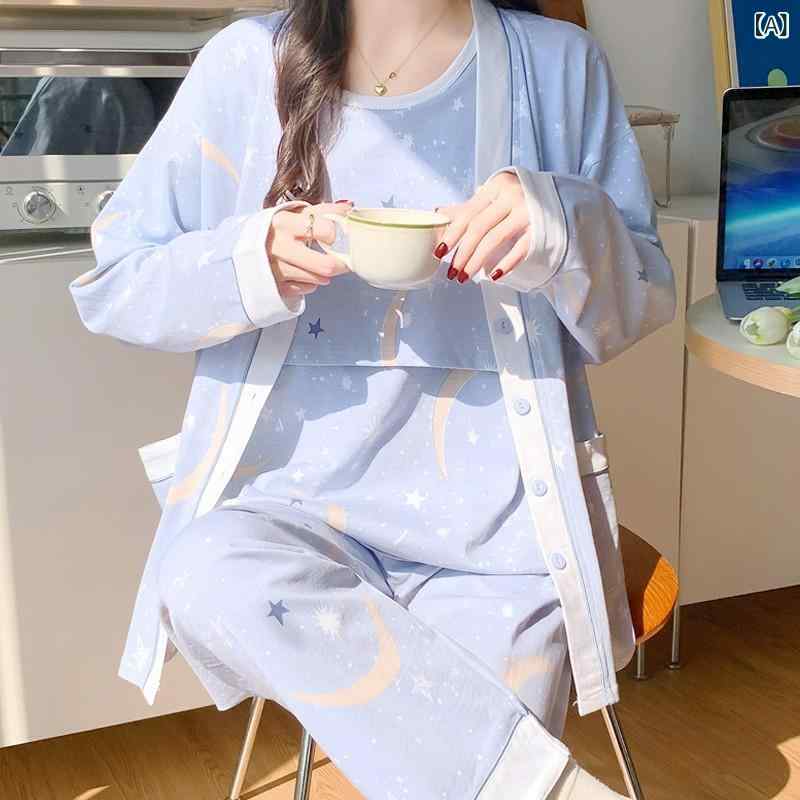 マタニティ 授乳 春夏 長袖 綿 トップス パンツ 3点セット 接触冷感 長ズボン 胸パッド付き かわいい プリント 星空 恐龍 パッチドッグ ドット柄 日韓カジュアル 吸湿速乾 柔らか素材