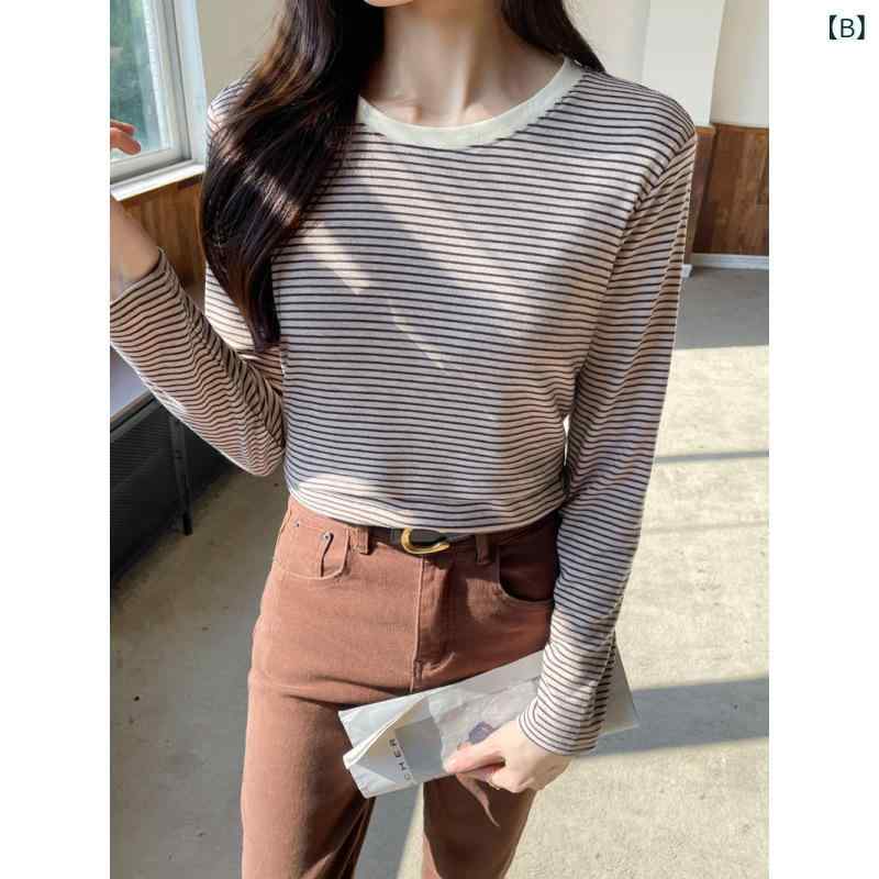 授乳服 Tシャツ 長袖 丸首 条紋 綿 親肌 切り替え トップス インナー 春秋 秋冬 春...