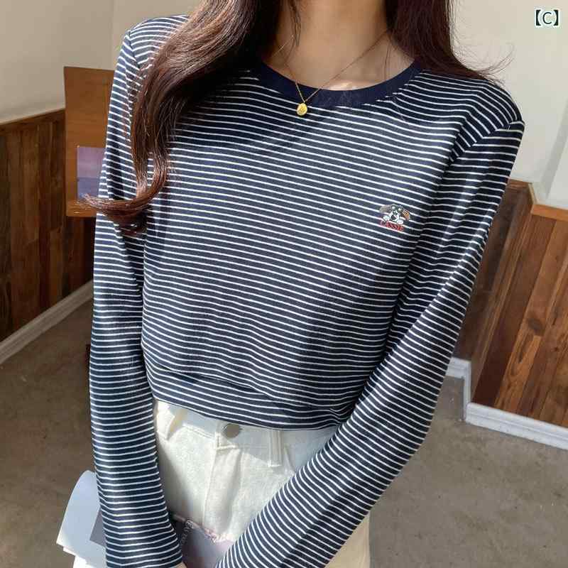 授乳服 Tシャツ 長袖 丸首 条紋 綿 親肌 切り替え トップス インナー 春秋 秋冬 春...