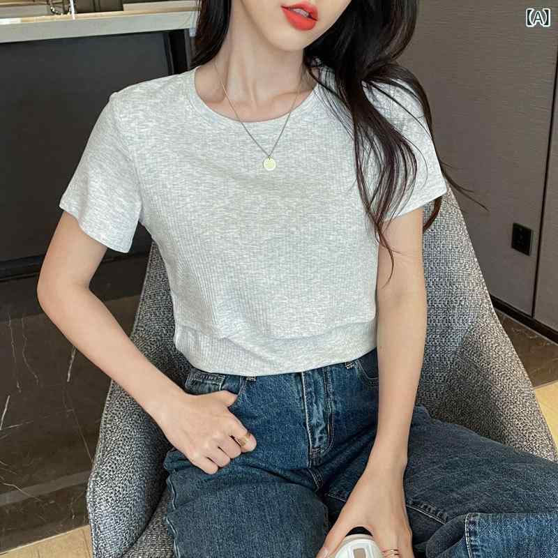 授乳 服 トップス 女性用 妊婦 産後 授乳口 付き 短袖 丸首 Tシャツ 綿 素材 伸縮...