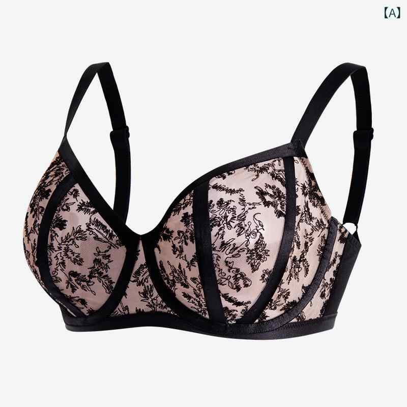 ブラジャー レディース 大きめカップ フルカップ ブラック 3/4カップ 薄パッド 固定肩紐 後3段ホック 聚拢 上托 透気 快適 ナイロン シンプル カジュアル 春夏 大胸対応 防下垂 網紗 切り替え 脇肉寄せ