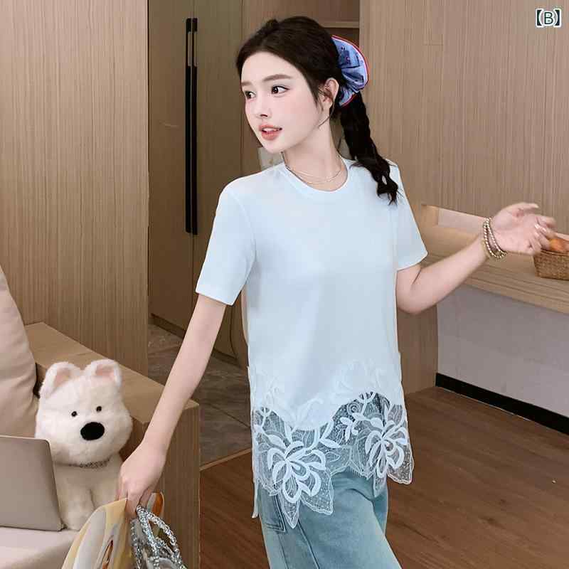 樂天商城 - Tシャツ 女性用 半袖 切り替え レース 綿 ポリエステル 素材 接触冷感 吸湿速乾 丸首 ゆったり 直筒 シルエット ブラック ホワイト グレー 通勤 普段使い 快適 夏 春夏 トップス シャツ ブラウス
