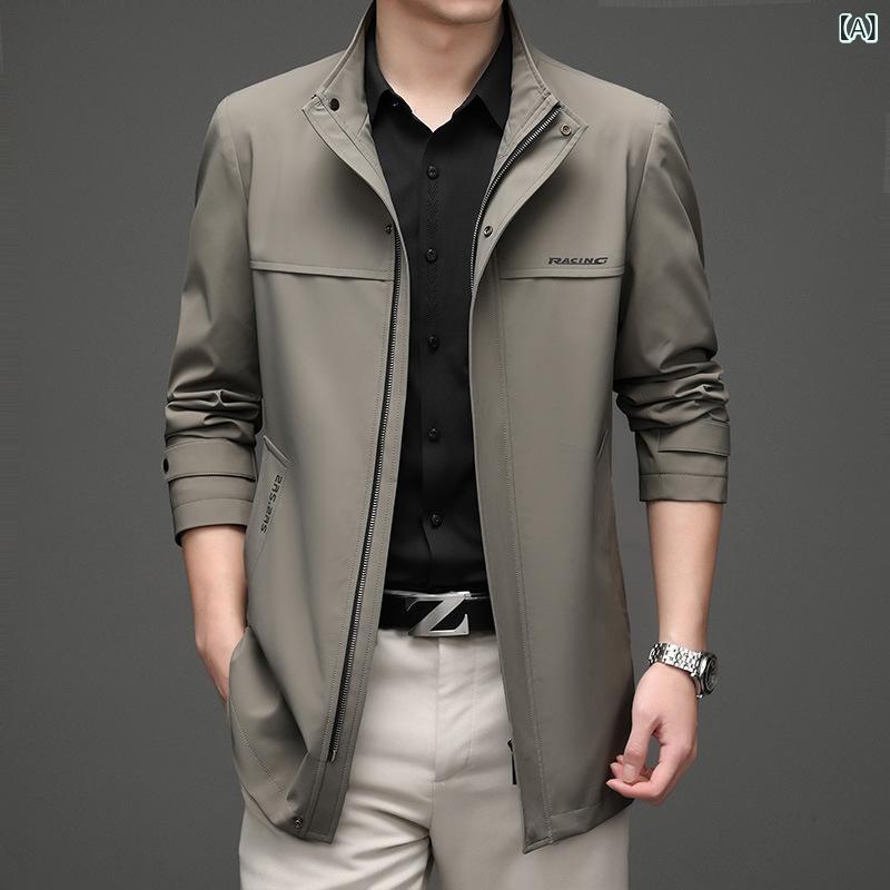 Rakuten - メンズ ジャケット 立襟 春夏 秋冬 メンズ レザージャケット 修身 合体型 防風 色牢度高 綿混紡 ポリエステル 長袖 直下摆 ロブ底摆 サイドポケット 免烫 米色 ブラック ダークグレー 普段使い カジュアル 青年 メンズアウター トップス 軽量 伸