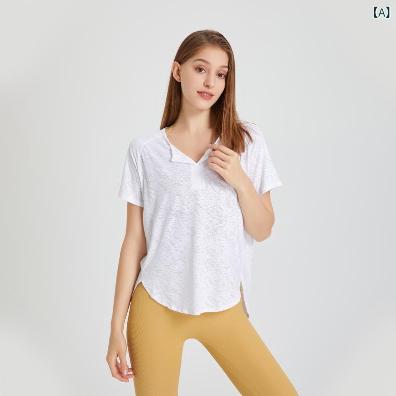 Tシャツ レディース 短袖 Vネック ゆったり 透気性 接触冷感 ニット 雪花柄 ランニング ヨガ フィットネス ジムウェア 春夏 白色 アイスブルー ラベンダー クリームイエロー ダンス サイクリング 伸縮性 吸湿速乾 及臀丈 ルーズフィット