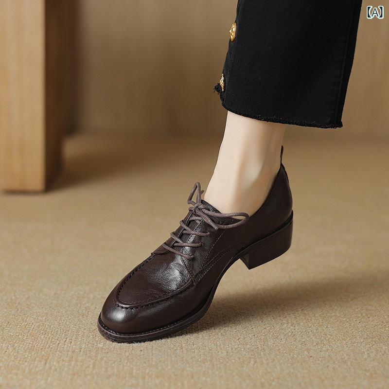 女性用 ローファー 羊皮 ブラウン ブラック 粗中ヒール 3-5cm 丸トゥ イングリッシュスタイル クロスストラップ バインド 前系帯 日常使い 春夏秋冬 通年対応 軽量 柔らかい 純色 ゴム底 ピッグスキン内張り 粘着加工 丸頭 英国風 シングルスト