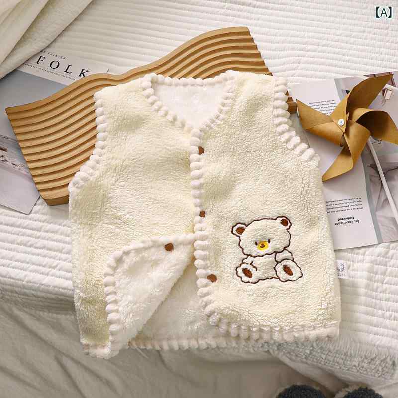 夾克 - キッズ 女の子 秋冬 馬甲 チョッキ 開衫 羊羔绒 ポリエステル 暖か 加氷 刺繍 クマ 柄 単排扣 柔軟 厚手 無帽 3〜8歳 中小童 米色 カーキ かわいい 百搭 カード柄 保温 裏地付き