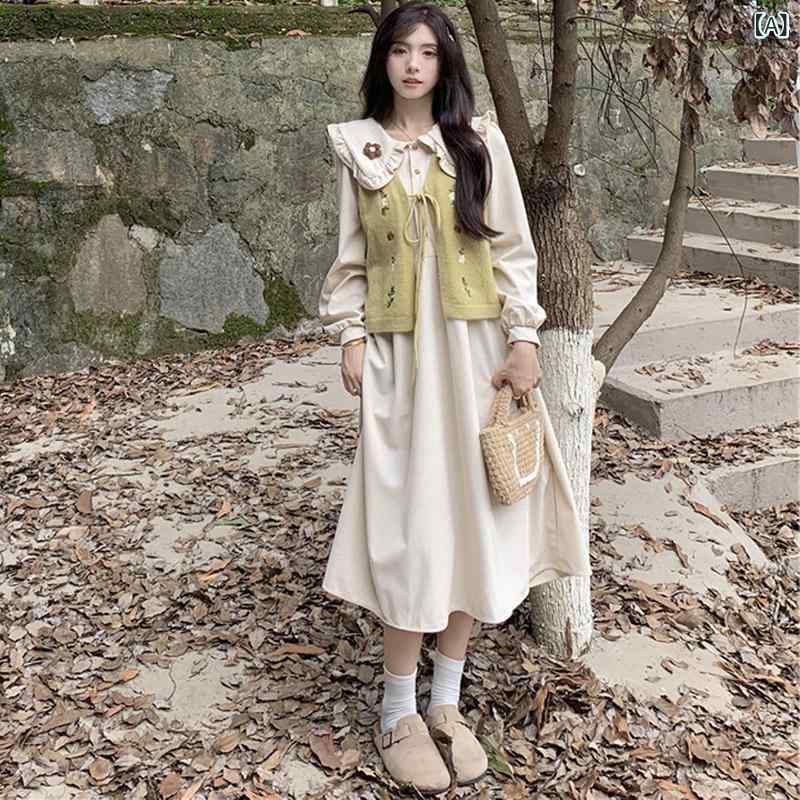 マタニティ ワンピース セット 秋冬 長袖 長め 灯芯绒 ワイドシルエット ゆったり スリムライン 日韓カジュアル 妊婦服 トップス スカート 組み合わせ 杏色 ブラウン コットン混 厚手生地 伸縮性 普段使い 通勤対応
