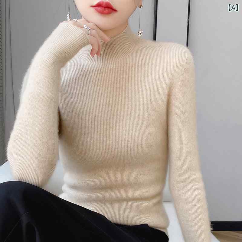 樂天商城 - 毛衣 女性用 半高領 羊毛 ニット トップス 修身 長袖 薄手 螺紋 シルク加工 気質 通勤 都市風 快適 休闲 切り替え ブラック ホワイト グレー グリーン ブラウン 赤 オレンジ 青 米色 紫
