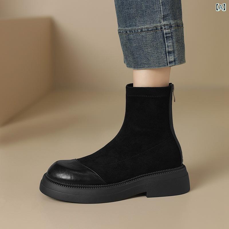 乐天商城 - レディース シューズ 復古 厚底 弾力 スリムシューズ 粗底 中底 秋冬 女性用 靴 スエード素材 ラバーソール 丸トゥ 低筒 後ろジッパー 純色 黒 ブラウン 接触冷感 伸縮性 普段使い 軽量 通勤 カジュアル