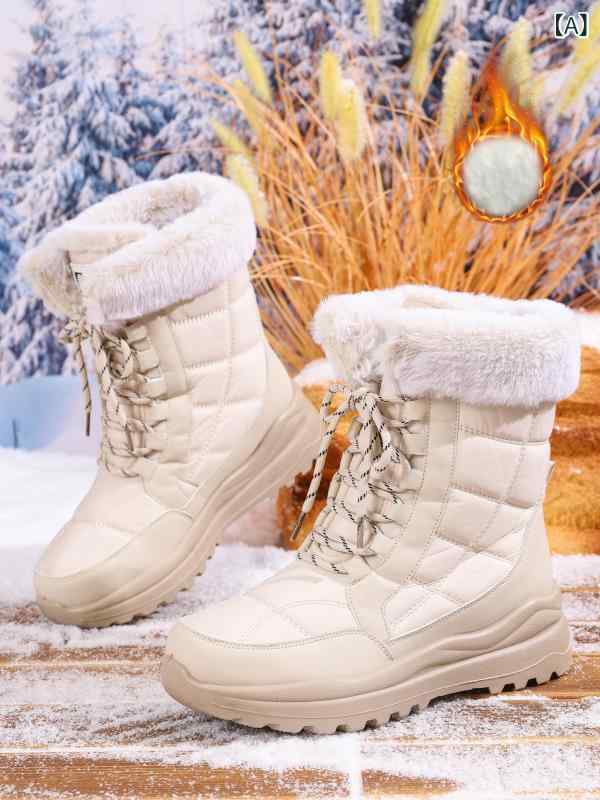 乐天商城 - レディース 雪地靴 高幫 厚底 保暖靴 防滑 冬用 女性用 スノーブーツ 綿靴 暖か ミッドカット 丸トゥ メッシュ 裏毛 フラット 平底 PU底 注塑 フロントレースアップ 日常 歩行 厚底 米白 ブラック ブルー グレー ユニセックス 厚底 裏地 暖