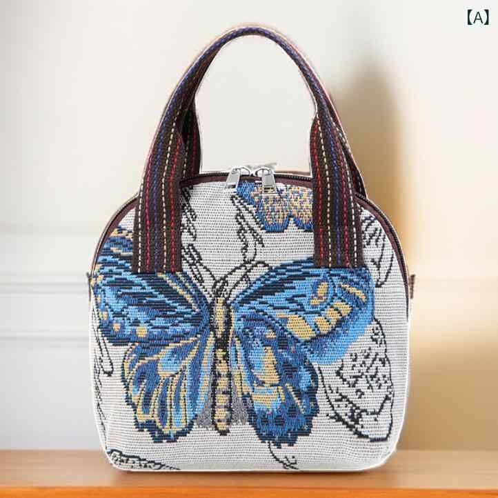 帆布 鞄 貝殻型 手提 ミニバッグ スマホポーチ コインポーチ 買い物バッグ 刺繍 織り 国風 日常使い 中型 ソフト ジッパー 開閉 ポリエステル 裏地 ショルダー 蝶柄 猫フクロウ柄 象柄 猫柄 かわいい 柄物