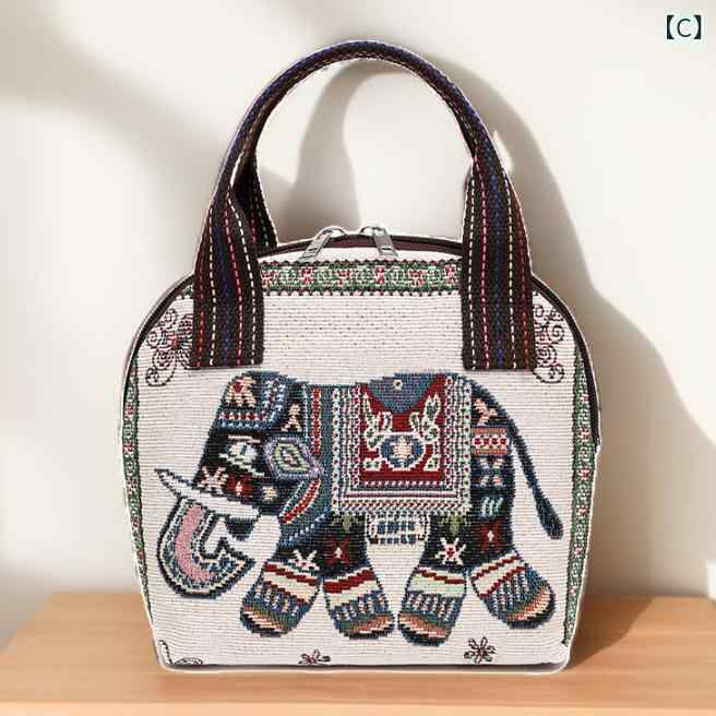帆布 鞄 貝殻型 手提 ミニバッグ スマホポーチ コインポーチ 買い物バッグ 刺繍 織り 国風 日常使い 中型 ソフト ジッパー 開閉 ポリエステル 裏地 ショルダー 蝶柄 猫フクロウ柄 象柄 猫柄 かわいい 柄物 3