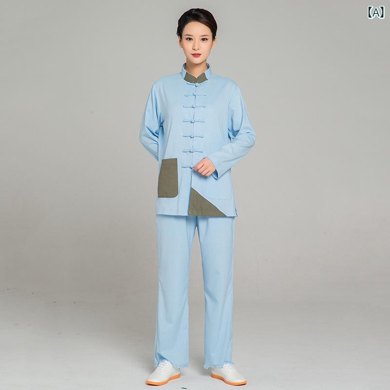太極拳服 男女兼用 春夏 秋冬 切り替え リネン 太極拳 ウェア 演出服 古装 武術 練習着 ゆったり 快適 動きやすい