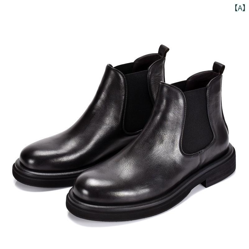 Western - メンズ 切ルシーブーツ 真皮 革靴 高筒 英倫風 レトロ 馬丁靴 厚底 丸トゥ 中筒 粗跟 ビジネス 秋冬 黒 ダークブラウン 吸汗 透気 減震 増高 天然皮革 シューズ ソフトレザー ラバーソール