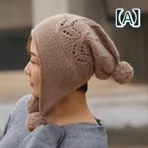 乐天商城 - ニット帽 レディース 冬 保暖 加厚 山羊毛 かわいい 無檐 高頂 耳当て 切り替え デザイン 驼色 米色 通勤 普段使い カジュアル 軽量 高級感 清新 甘め