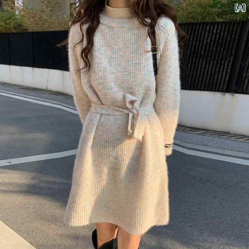 乐天商城 - 秋冬 ニット 長袖 ロングスカート ニットワンピース 女性用 かわいい フランス風 甘め ラウンドネック ミックスカラー グラデーション 系ベルト ウエストマーク スリム セットインスリーブ 中厚手 ポリエステル 再生繊維 アイボリー ピンク ライトブル