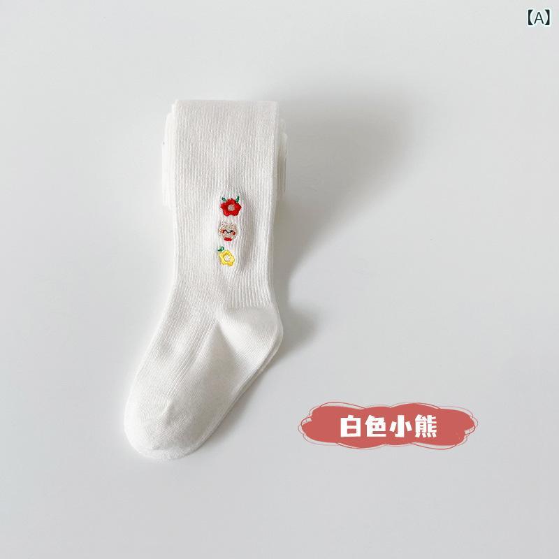 袜子, 裤袜, 紧身裤 - 女児用 レギンス 連パンスト 女の子 子供用 春秋 薄手 綿素材 透気性 伸縮性 刺繍花柄 純色 白色 ダンス用 運動 田園 かわいい プリンセス 蝶結び 薄脚 親指付き 中小児 3〜8歳 85〜135cm