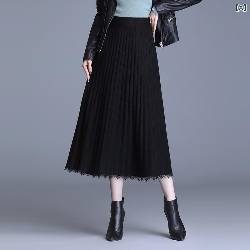 乐天商城 - スカート レディース 秋冬 半身スカート ロング Aライン プリーツ 切り替え レース 黒 気質 通勤 聚酯繊維 中弾力 軽量 伸縮性 ブラック ロングスカート プリーツスカート レーススカート 秋冬スカート 気質スカート 通勤スカート
