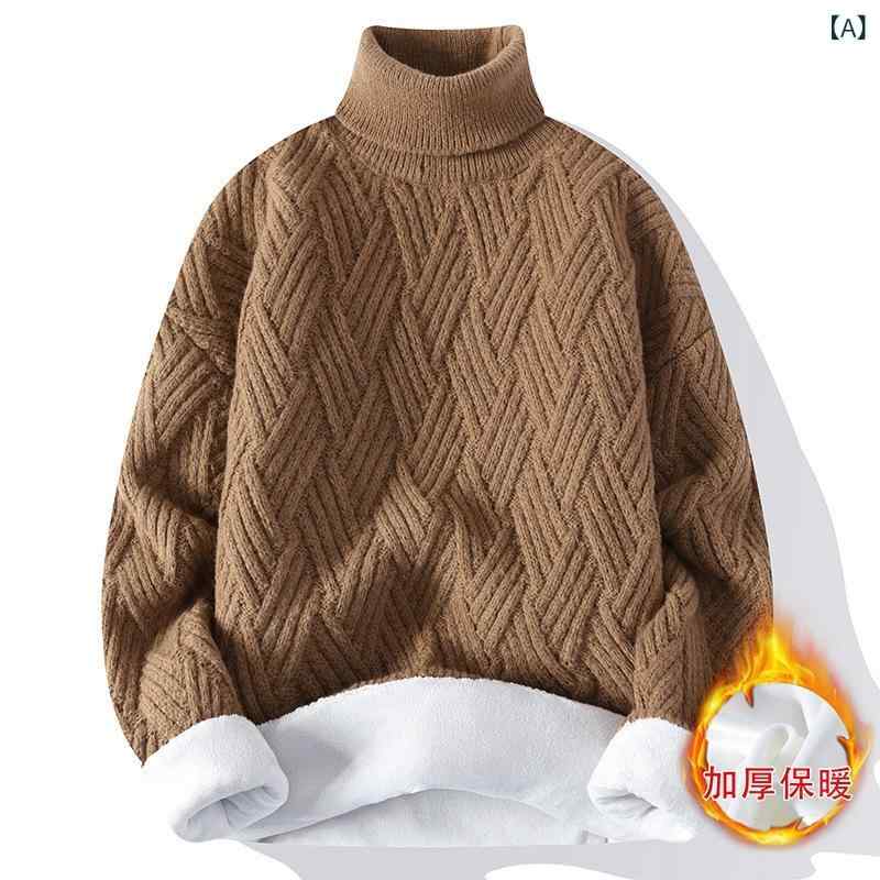 乐天商城 - ニットセーター メンズ 秋冬 青少年 ルーズフィット ハイネック 長袖 加厚 加绒 保暖 化繊混紡 ポリエステル 接触冷感 機洗い可 ゆったりシルエット カラーブラック グレー カーキ ミベージュ レッド グリーン 休闲 普段使い