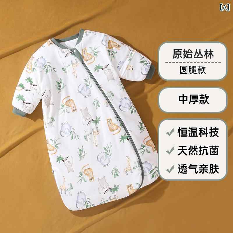 ベビー 睡袋 キッズ 秋冬 加厚 防寒 防踢被 一体型 恒温 抗菌 精梳棉 綿 化繊 填充 蚕茧式 卡通柄 原始丛林 奇幻天空 思恋音符 中厚 金属ジッパー 袖脱着可能 長め丈 新生児 幼児 伸縮性 柔らか素材 通年対応