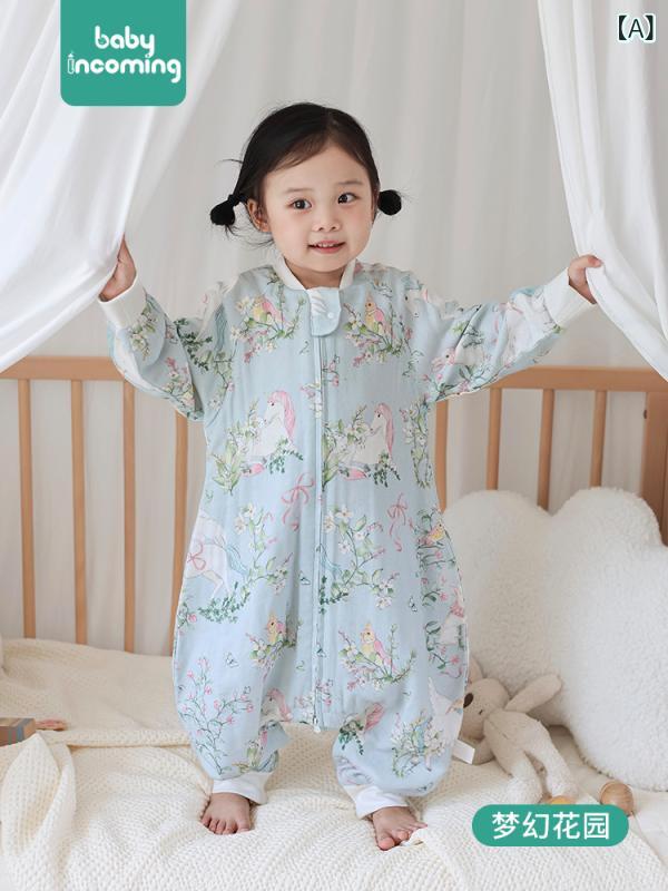 ベビー キッズ 秋冬 寝袋 子供用 羽毛綿 綿 厚手 着脱袖 分脚 防蹴被 防驚跳 吸湿排汗 接触冷感 伸縮性 安全A類 室温対応 長め丈 カジュアル かわいい 柄 夢幻ガーデン 天鹅プリンセス