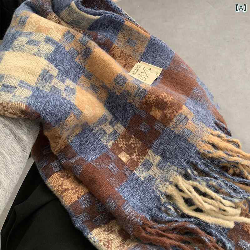 マフラー 女性用 冬 秋冬 高級感 コントラストチェック 切り替え 再生繊維 ニット 暖か 通勤 普段使い 優雅 シンプル ファッション 長め ブルー系 グレー系 軽量 百搭