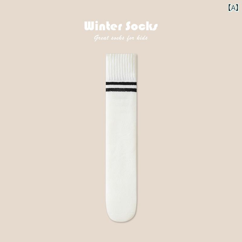 女児 靴下 キッズ 女の子 秋冬 長筒 ニーソックス 過膝 保暖 加厚 暖か ニット加工 条紋 潮范 ホワイト ブラック ブラウン カーキ ベージュ グレー 中小児 3〜8歳 100〜140cm 均码 筒高45cm ニロン 混紡 厚手 暖足 防寒 シンプ