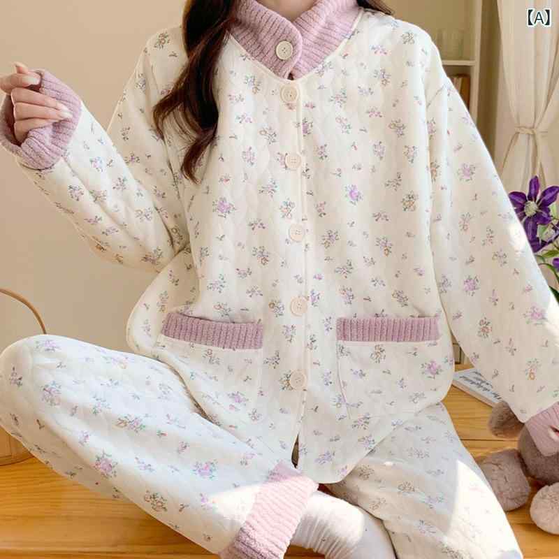 Pajamas, Nighty - 授乳パジャマ 秋冬 妊婦用 産後用 長袖 長ズボン 空気棉 加厚 綿 ポリエステル 花柄 植物柄 プリンセス柄 ウサギ柄 りんご柄 桃柄 菊柄 日韓カジュアル 外出用 哺乳口 ズボンセット 柔らか素材 厚手保温 ゆったりシルエット かわいいプリント 産褥