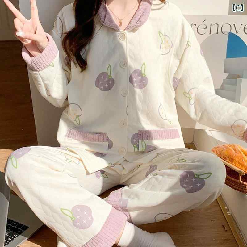 授乳パジャマ 秋冬 妊婦用 産後用 長袖 長ズボン 空気棉 加厚 綿 ポリエステル 花...