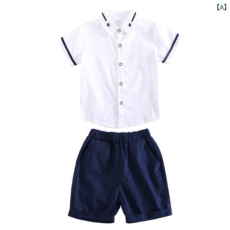 ・スタイル: ブリティッシュスタイル・対象年齢: 中小童（3〜8歳、100〜140cm）・性別: 男女兼用・留め具の種類: シングルブレスト・デザイン要素: セットアップ、蝶結び、プリンセス・生地加工: UVカット、ソフト加工・主な素材: 綿混紡・素材含有率: 綿 90%・安全基準: B類・フード: フードなし・セット内容: 2点セット・カラー展開: 男児セット、女児セット・対応身長: 100cm、110cm、120cm、130cm、140cm、150cm、160cm、170cm、180cm・組み合わせ形式: 半袖+パンツ、半袖+スカート・カテゴリ: 制服