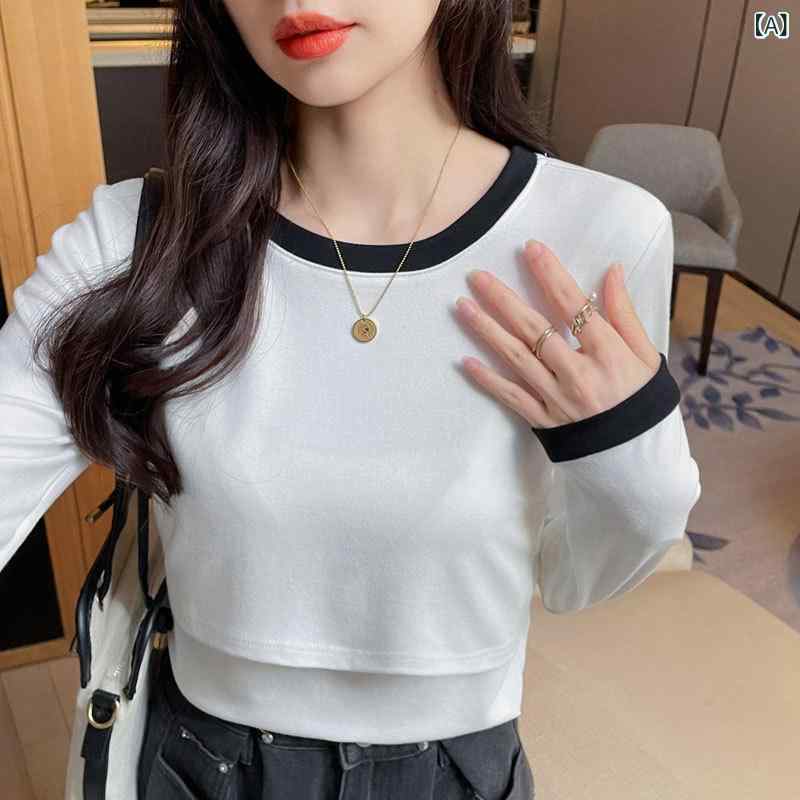 授乳服 春秋 秋冬 レディース 長袖 綿 修身 トップス 丸首 切り替え 授乳口 白 グ...