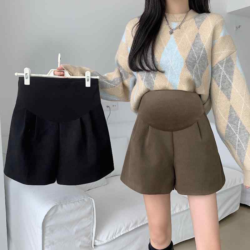 マタニティパンツ 秋冬 毛呢 綿 妊婦帯機能 ワイドレッグ ショートパンツ Aライン 5分丈 トワイスレギンス 黒 コーヒー色 中厚 ミッドウェスト ゆったり 伸縮性 普段使い トコロウズ 通勤 通学 妊婦 妊婦服 ボトムス トップス ワイドパンツ ルー