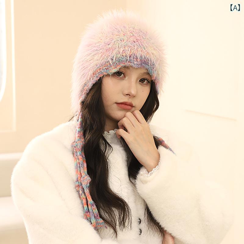 毛绒帽 女子 冬 保暖 編み込み 混色 毛糸 紐 リボン 耳当て 包頭 丸頂 無檐 かわいい 甘め 折りたたみ ポリエステル ピンク 紫 カーキ ..
