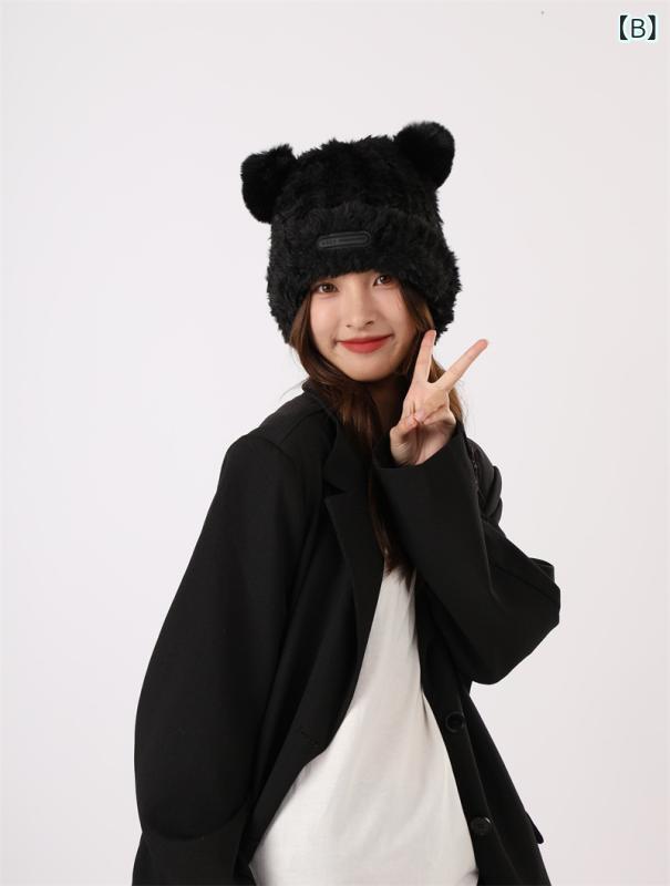 narukiのニット帽 女子 秋冬 かわいい クマ モヘア 耳当て 保暖 毛玉 ポンポン 韓国風 ホワイト ブラック グレー カーキ ピンク 均一サイズ ポリエステル ニット加工 甘め アニマル 暖か 通勤 普段使い アウトドア｜アングル2