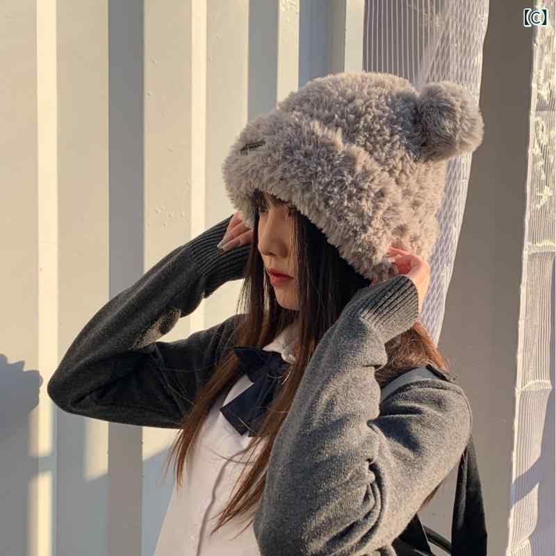 narukiのニット帽 女子 秋冬 かわいい クマ モヘア 耳当て 保暖 毛玉 ポンポン 韓国風 ホワイト ブラック グレー カーキ ピンク 均一サイズ ポリエステル ニット加工 甘め アニマル 暖か 通勤 普段使い アウトドア｜アングル3