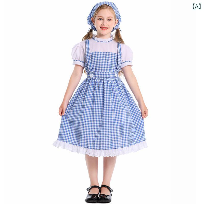 キッズ 女の子 ハロウィン コスプレ 衣装 舞台 衣装 ダンス衣装 民族舞踊 衣装 コスチューム ブルー チェック柄 頭巾付き スカート セット 涤纶 ポリエステル 中小童 3〜8歳 通年 かわいい ユニセックス