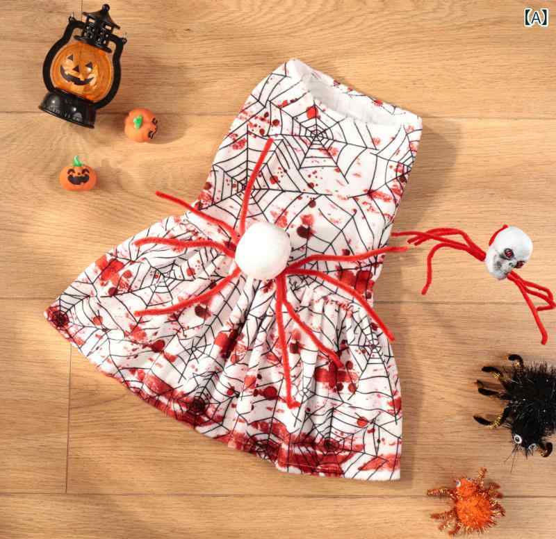 ペット服 犬用 ハロウィン コスチューム 血色蜘蛛 プリント スカート 四脚服 小型犬 ユニセックス 水晶绒 ソフト素材 かわいい 恐怖デザイン 軽量 通気性 S M L XL サイズ展開 秋 秋冬