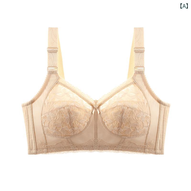乐天商城 - ブラジャー 女性用 大きめバスト ワイヤーなし 調整可能 レース コントラストカラー フルカップ 超薄型 ニット コットン裏地 谷間強調 脇肉収集 バストアップ 肌色 ホワイト ベージュ ブラック 可拆卸肩紐 後ろ5段フック 通勤 日常使い 伸縮性 軽量