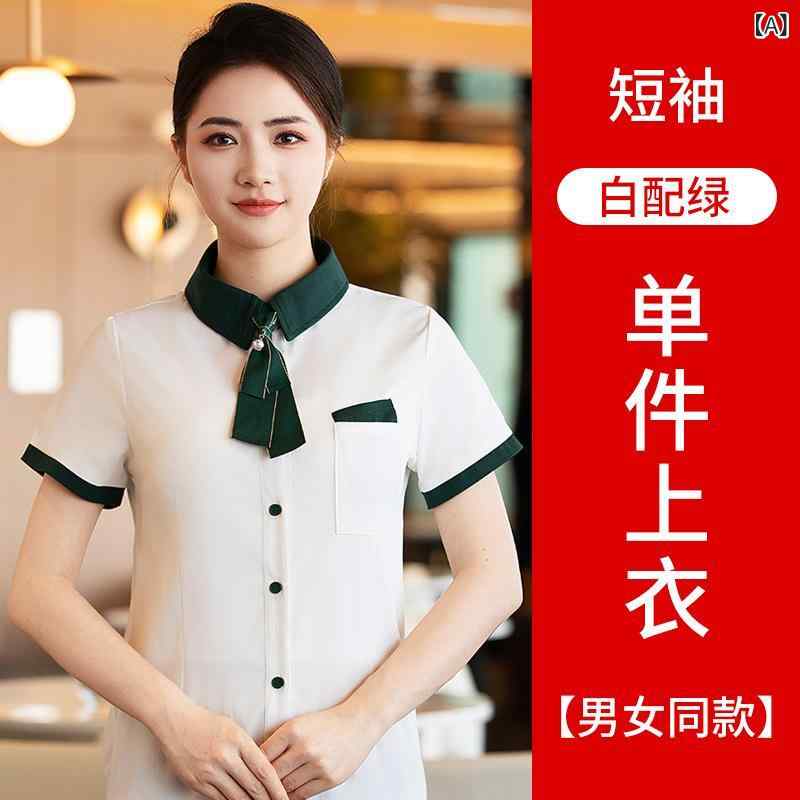・カテゴリ: 服装・スタイル: ホテルウェア・性別: 男女兼用・機能: 吸湿速乾・ボトムス丈: 長ズボン・主な素材: ポリエステル、ポリウレタン・カラー展開: ホワイト（グリーン襟）、ピンク、ホワイト（ブルー襟）、グレー、カーキ・サイズ展開: L、XL、XXL、3XL、4XL、5XL・セット内容: トップス・袖の形状: レギュラースリーブ・袖丈: 半袖・ネックライン: 折り襟・着丈: 約50cm〜65