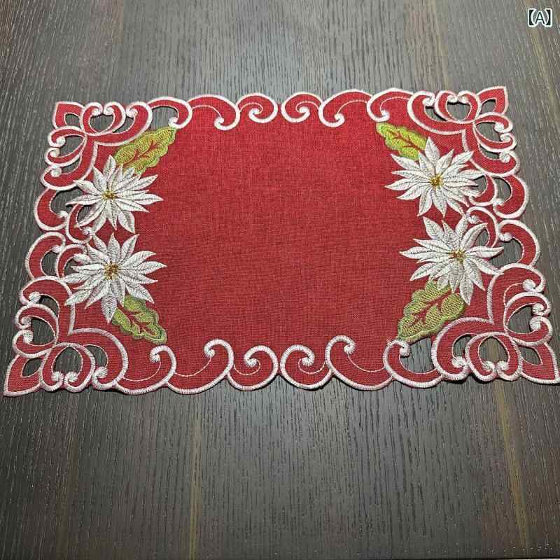 テーブルマット クリスマス 長方形 花柄 刺繍 布製 涤纶 レース 加工 欧米輸出 田園風 赤レンガ色 28x43cm ダイニング テーブルコーディネート 耐久 洗濯可能 飾り付け ホリデー ディナーセット コットン風