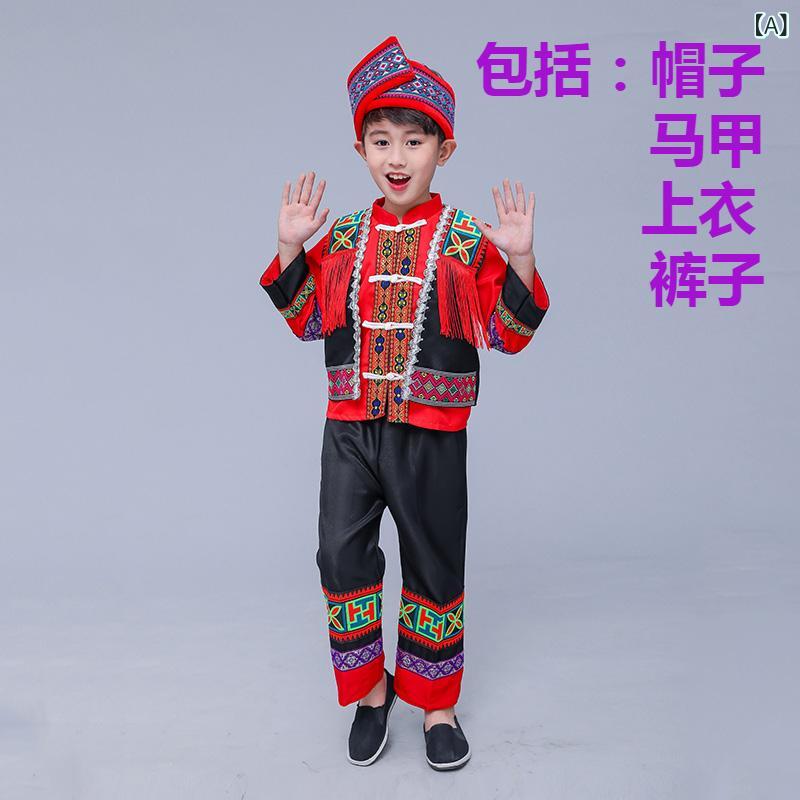 子供 民族衣装 男の子 ダンス衣装 黒 馬甲 上衣 ズボン 帽子 女の子 赤 ローズ スカート ヘッドドレス 羊毛 春秋 ステージ衣装 苗族 壮族 公演服 幼稚園 軽量 伸縮性