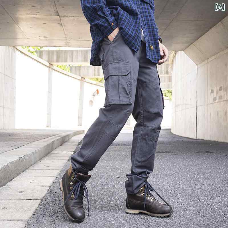 工装パンツ メンズ 秋 綿 厚手 ゆったり直筒 長ズボン 多ポケット 無地 ジッパー開き 中腰 免烫加工 ブラック グレー カーキ ミリタリ..
