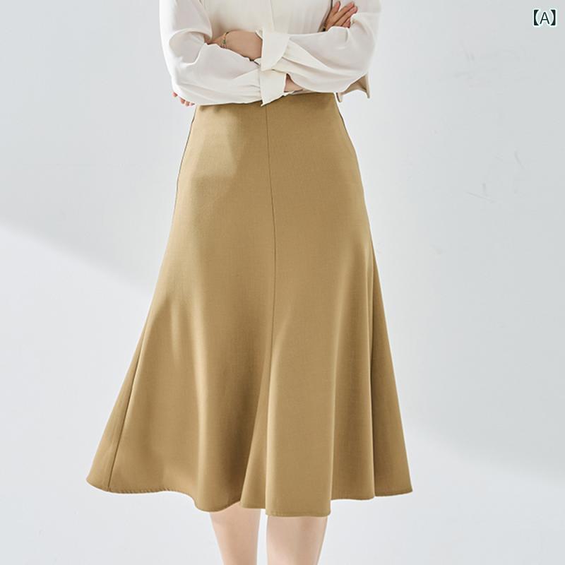 レディース 西装 ジャケット トップス スカート セット 修身 スリム 通勤 普段使い 職業服 セットアップ 単排扣 一粒扣 中長丈 長袖 翻領 立襟 純色 ミントグレー キャメル ベージュ系 秋冬 接触冷感 再生繊維 軽量 通気性 伸縮性 女性用 女性