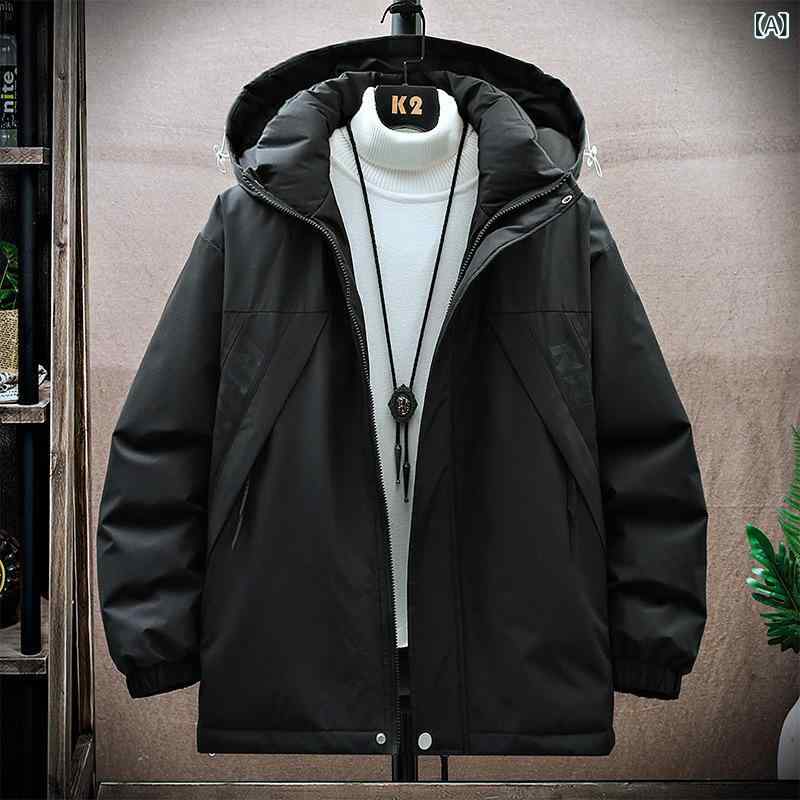 Rakuten - 羽绒服 メンズ 冬 大きいサイズ ゆったりシルエット 短丈 スタンドカラー フード付き ダウンジャケット 保暖 抗寒 白鴨絨 詰め物 高蓬鬆度 ポリエステル 表地 裏地 純色 ブラック 軍緑 杏色 紫色 蛍光グリーン 都市スタイル 休闲 免烫処理 ポケッ