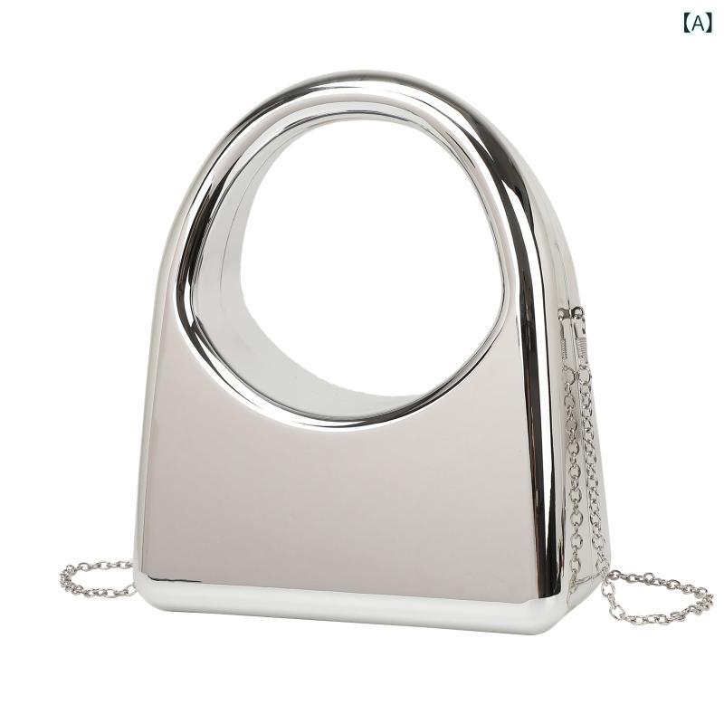 クラッチバッグ 女性用 メンズ ハンドバッグ 鞄 ミラー アクセサリー 銀色 金色 秋冬 チェーンショルダー 斜めがけ 丸型 ロック 硬め 鎖ストラップ 日常使い ファッション アクセント 華やか トレンド 秋 パーティー コーデ