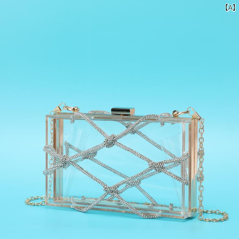 レディース キラキラ 透明 アクリル ハンドメイド 編み込み イブニングバッグ 手提げ 小方形 宴会用 フォーマルバッグ チェーン ショルダー 鎖栓 クリア シルバー ブラック カラー ブラウン 横型 立体 硬め 清新 かわいい 日常使い スマホポケット