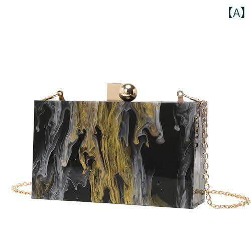 レディース ハンドバッグ クラッチバッグ 小方包 アクリル チェーンストラップ ロック付き 黒 硬質 横型 立体 欧米風 復古 通勤 普段使い 婚礼 パーティー 宴会 日常 涤纶内装 スマホポケット カードポケット