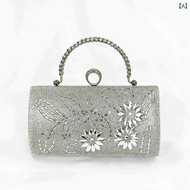 クラッチバッグ 女性用 手持ち キラキラ装飾 花柄 ハンドバッグ ミニ ボックス型 横型 パーティー用 ウェディング イブニング フォーマル 結婚式 宴会 日常使い PVC素材 硬め 銀色 ブラック ゴールド 接触冷感 軽量 ショルダー対応 スマホ収納