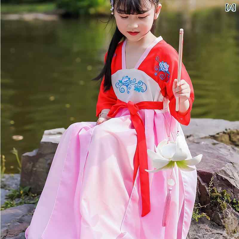 ・カテゴリ: 子供用民族衣装・スタイル: 民族風、プリンセス・柄: 花柄・生地加工: 柔軟処理・対象性別: 女の子・生地素材: シフォン・主な素材: アセテート繊維 97%・生地の厚さ: 薄手・カラー展開: ピンクのトップス＋ライトブルーのスカート、レッドのトップス＋ピンクのスカート、アプリコットのトップス＋ライトグリーンのスカート、ライトブルーのトップス＋ホワイトのスカート・サイズ展開: 100cm、110cm、120cm、130cm、140cm、150cm・対象年齢: 3〜8歳