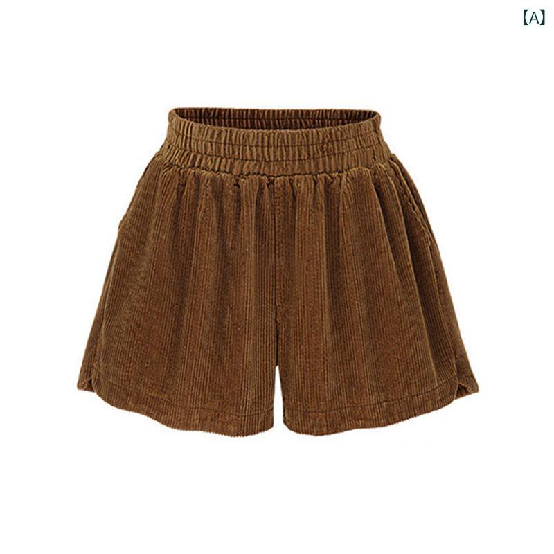 レディース 灯芯绒 ワイドレッグ ショートパンツ 高腰 厚手 綿混 ポリエステル 切り替え 砂洗い加工 ビッグサイズ ゆったり ルームウェ..